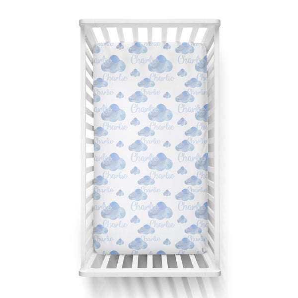 Personalized Name Crib Sheet-  BLUE CLOUDS - Dotboxed