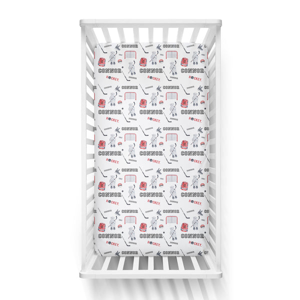 Personalized Name Crib Sheet-  HOCKEY BEARS RED - Dotboxed
