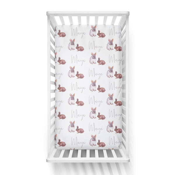 Personalized Name Crib Sheet-  WATERCOLOR RABBIT - Dotboxed