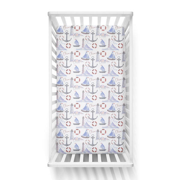Personalized Name Crib Sheet-  NAUTICAL - Dotboxed