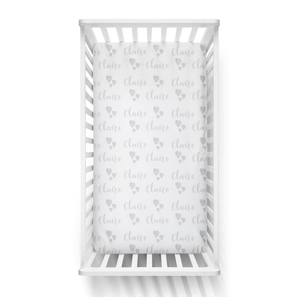 Personalized Name Crib Sheet-  GREY WATERCOLOR HEARTS - Dotboxed