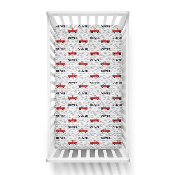 Personalized Name Crib Sheet-  RED TRUCKS - Dotboxed