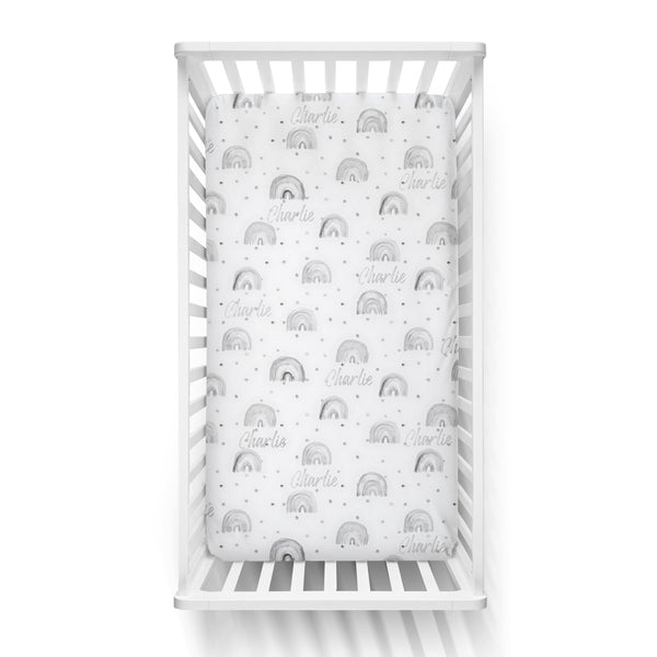 Personalized Name Crib Sheet - GREY WATERCOLOR RAINBOWS - Dotboxed