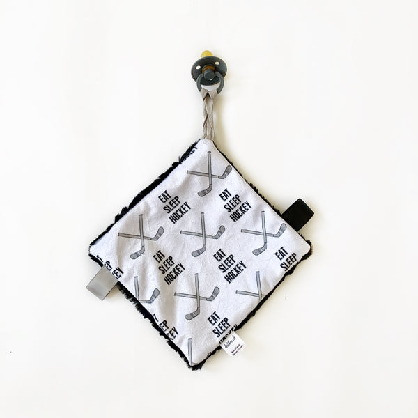 Pacifier Lovey - Eat Sleep Hockey Sticks on White