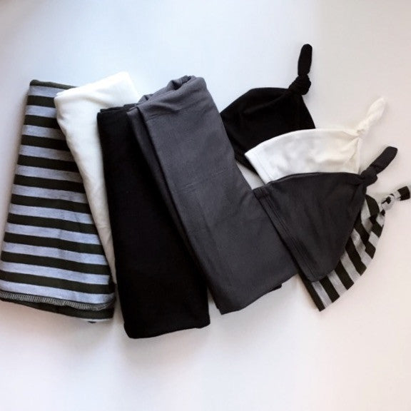Charcoal  - swaddle - BLANKET + TIED KNOT BEANIE - Dotboxed