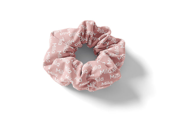 Personalized Name Scrunchie *moisture wicking- Basic Name Repeat Colored Background - Dotboxed