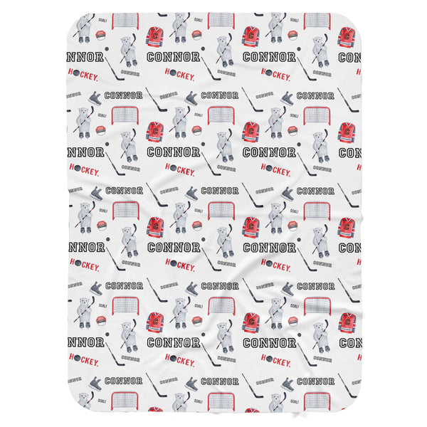 Personalized Name Blanket -  HOCKEY BEARS RED - Dotboxed