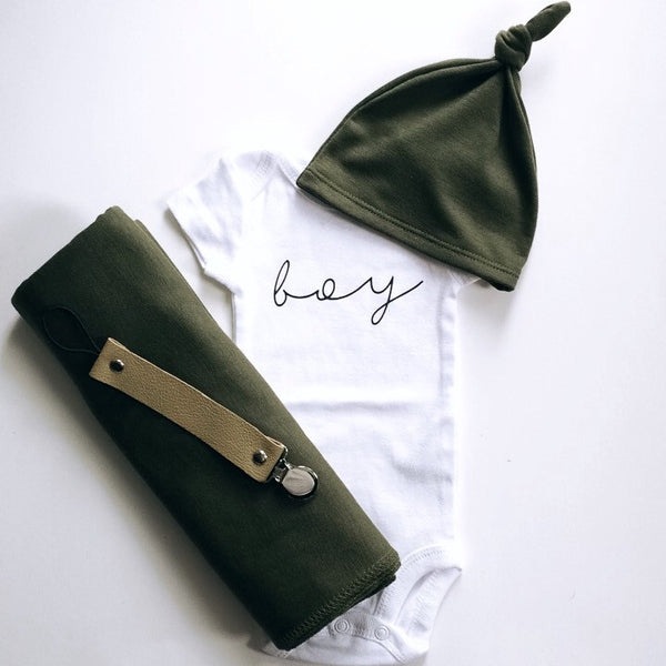 Olive Green  - swaddle - BLANKET + TIED KNOT BEANIE - Dotboxed