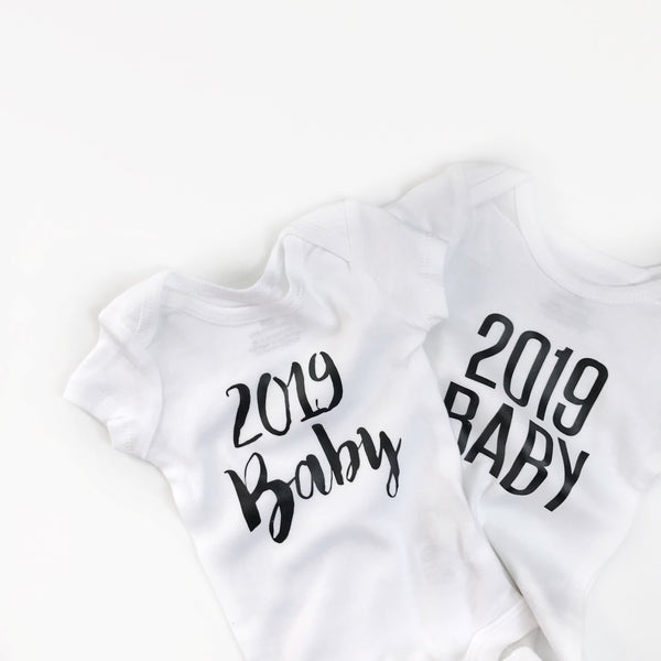 SLIGHTLY IMPERFECT - 2019 baby (bold font) announcement - BODYSUIT - Dotboxed