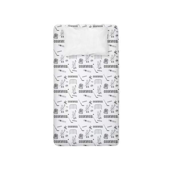Personalized Name Twin Sheet-  HOCKEY BEARS BLACK AND WHITE - Dotboxed