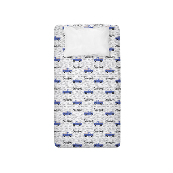 Personalized Name Twin Sheet-  BLUE TRUCKS - Dotboxed